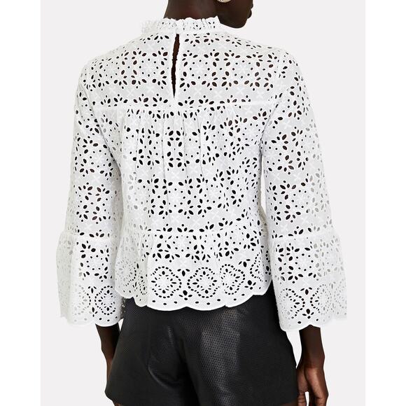 Veronica Beard Emmalyn Eyelet Blouse White Sz 8 Lace Ruffles Flare Sleeves Chic - Picture 2 of 16